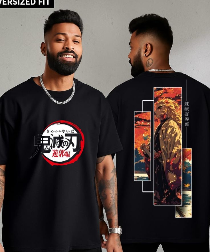 Flame Warrior Autumn Scene Oversized Anime Graphic Tee – Black |
