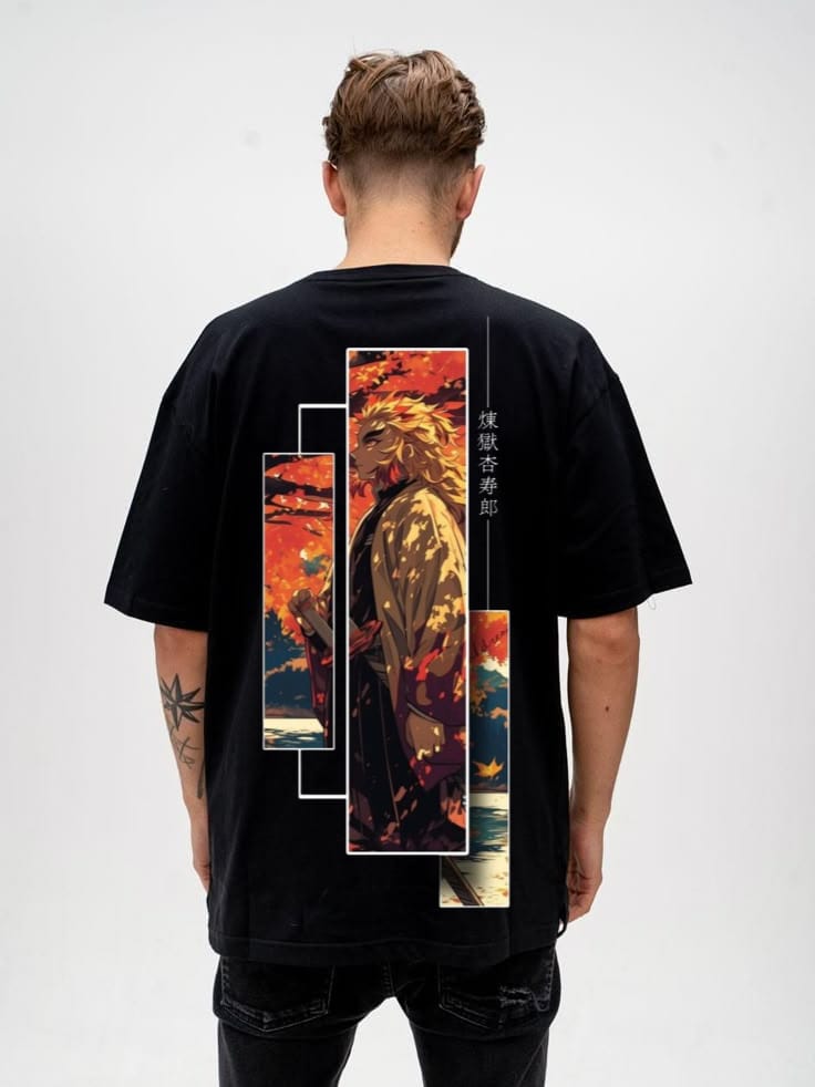 Flame Warrior Autumn Scene Oversized Anime Graphic Tee – Black |