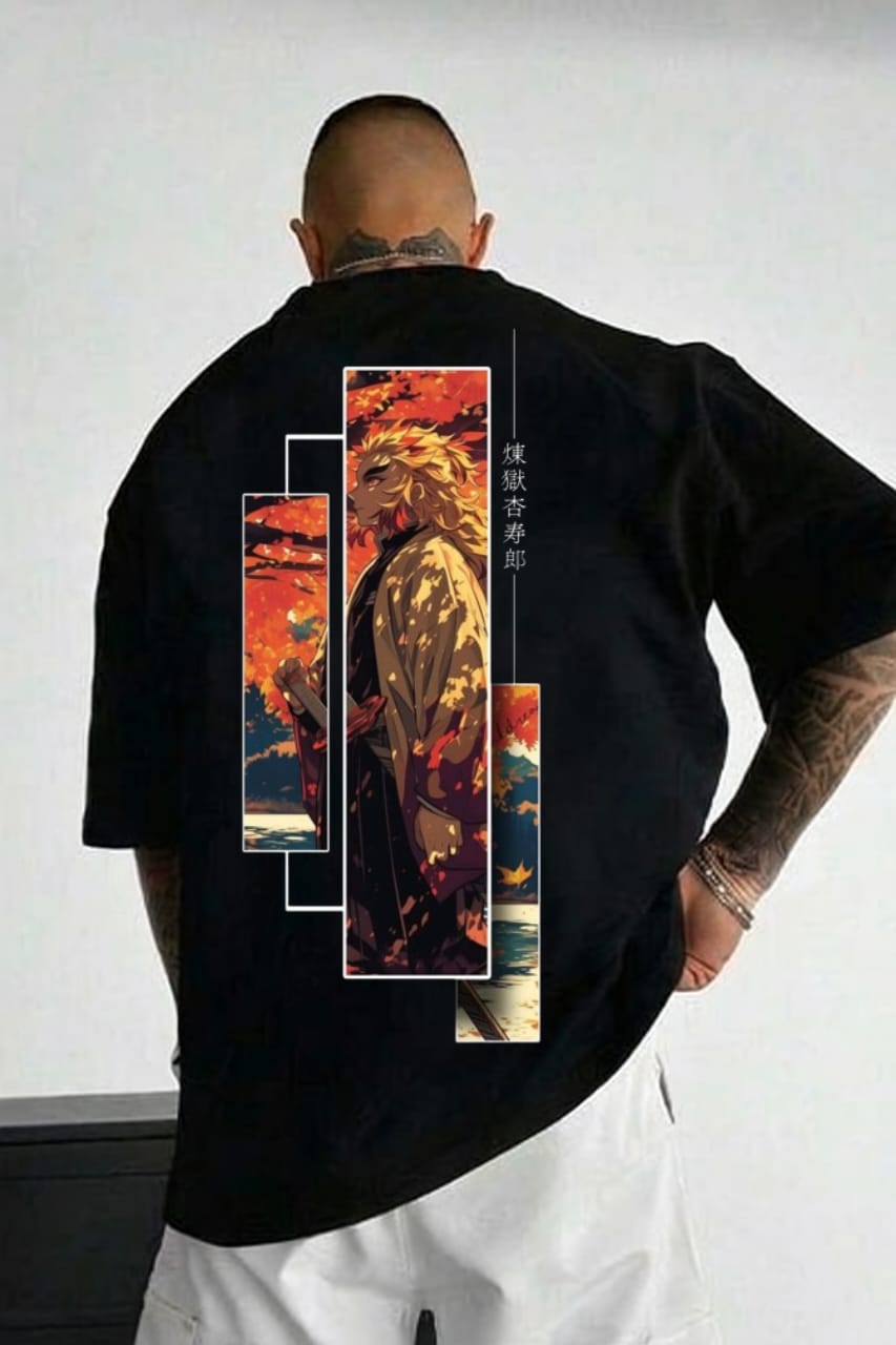 Flame Warrior Autumn Scene Oversized Anime Graphic Tee – Black |