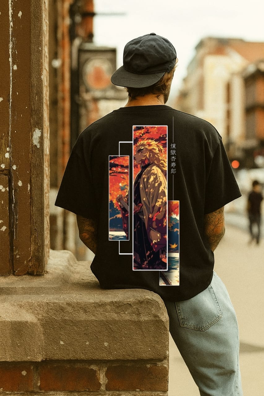 Flame Warrior Autumn Scene Oversized Anime Graphic Tee – Black |