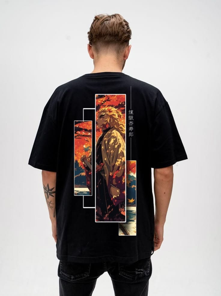 Flame Warrior Autumn Scene Oversized Anime Graphic Tee – Black |