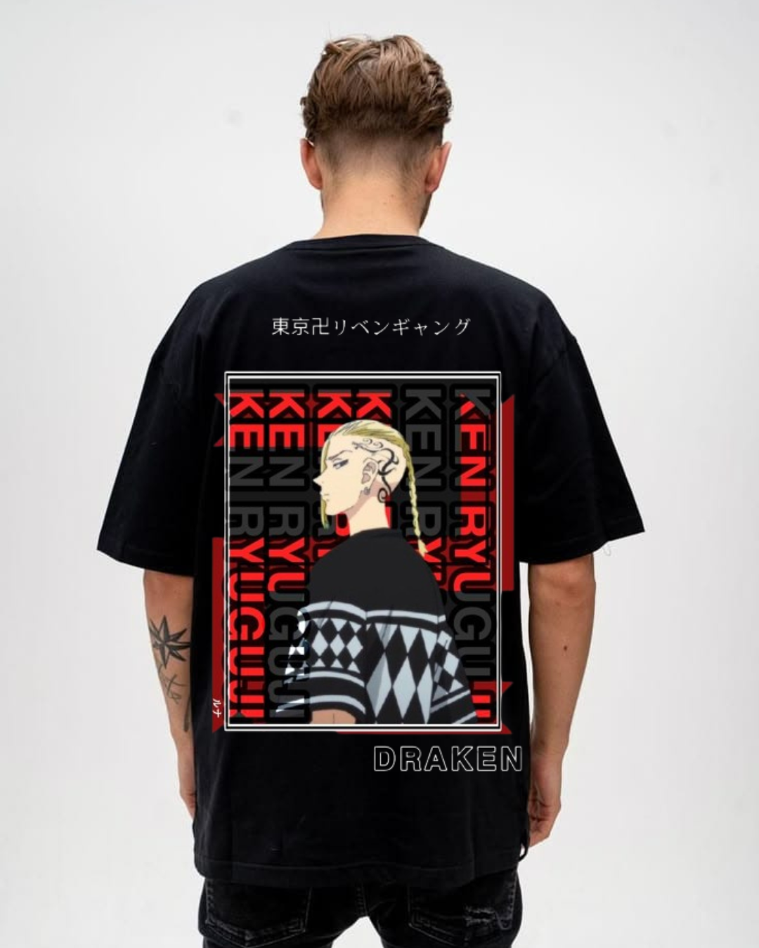 Tokyo Revengers Anime Printed Oversized T-Shirt for Men | Draken & Ken Ryuguji Design | Black Cotton Tee
