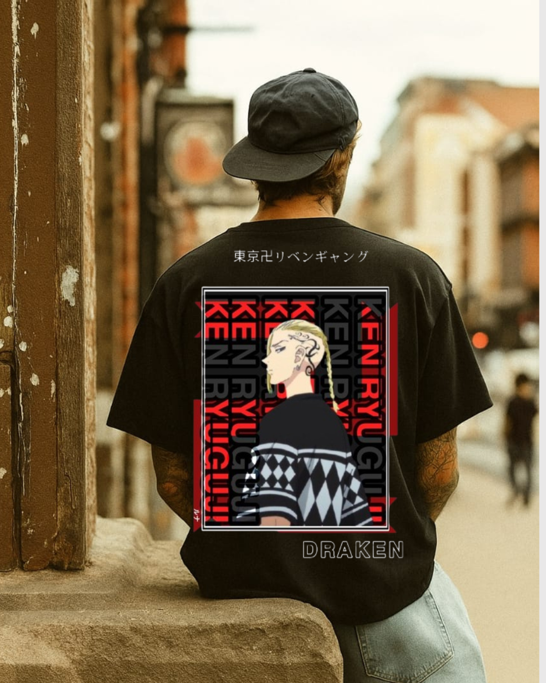 Tokyo Revengers Anime Printed Oversized T-Shirt for Men | Draken & Ken Ryuguji Design | Black Cotton Tee