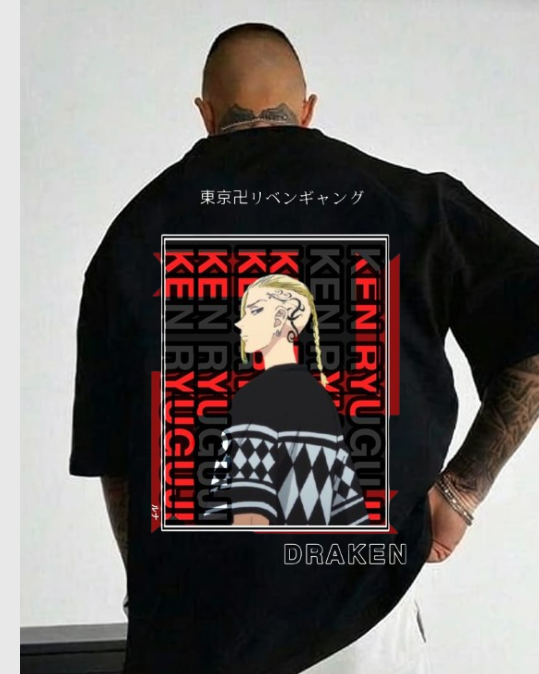 Tokyo Revengers Anime Printed Oversized T-Shirt for Men | Draken & Ken Ryuguji Design | Black Cotton Tee