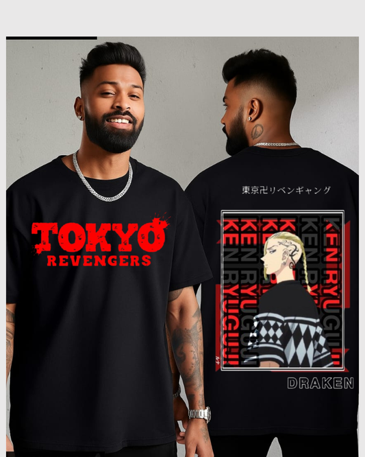 Tokyo Revengers Anime Printed Oversized T-Shirt for Men | Draken & Ken Ryuguji Design | Black Cotton Tee